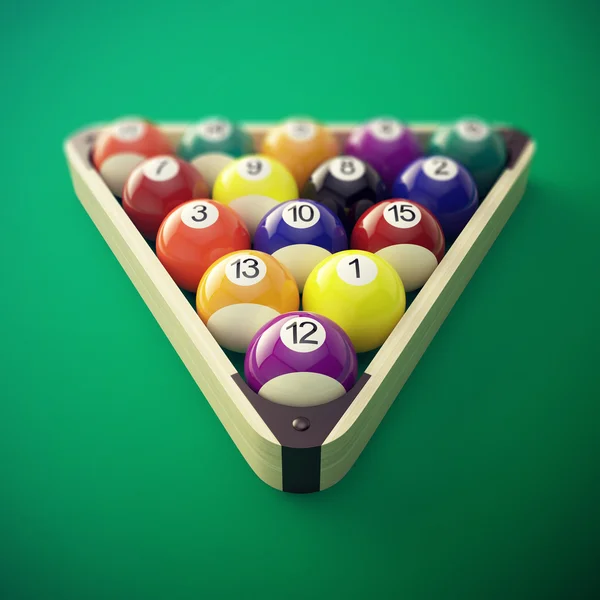 Pool billiard balls in a wooden rack. 3d illustration — Stock Photo, Image