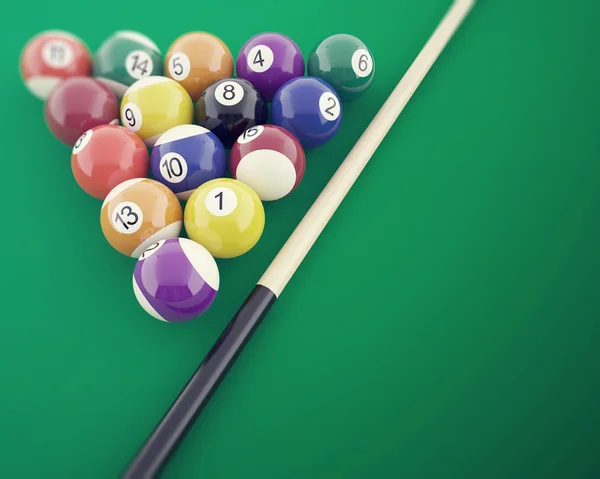 Billiard balls on the green table, with cue. 3d illustration — Stock Photo, Image