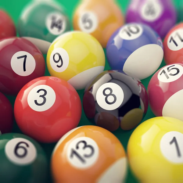 Group colorful glossy billiard pool game balls with depth of field effect. 3d illustration — Stock Photo, Image