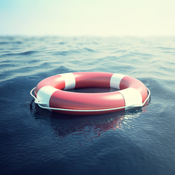 Red life buoy on the waves as a symbol of help and hope. 3d illustration