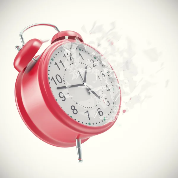 Soaring Clock alarm clock with broken glass shattered into small pieces. — Stock Photo, Image