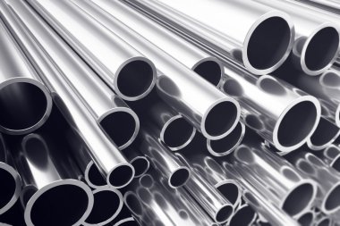 Sanayi iş üretim ve ağır Metalurji Sanayi ürünleri, çok parlak çelik borular, iş üretim kavramı seçici odak etkisi ile imalat sanayi arka plan. 3D
