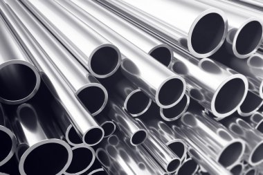 Industry business production and heavy metallurgical industrial products, many shiny steel pipes, industrial background, manufacturing business production concept with selective focus effect. 3D clipart