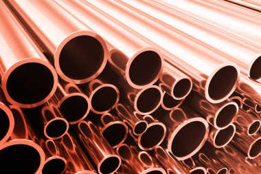 Industry business production and heavy metallurgical industrial products, many shiny steel pipes, industrial background, manufacturing business production concept, copper pipes with selective focus clipart