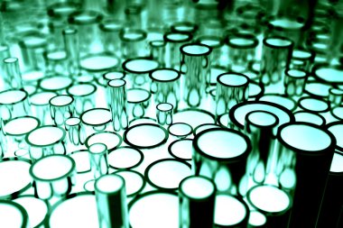 Alan etkili, negatif fotoğraf efektleri derinliği olan yeşil çelik borular. 3D çizim