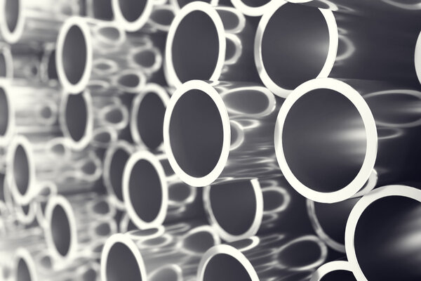 Industry business production and heavy metallurgical industrial products, many shiny steel pipes, industrial background, manufacturing business production concept with selective focus effect. 3D