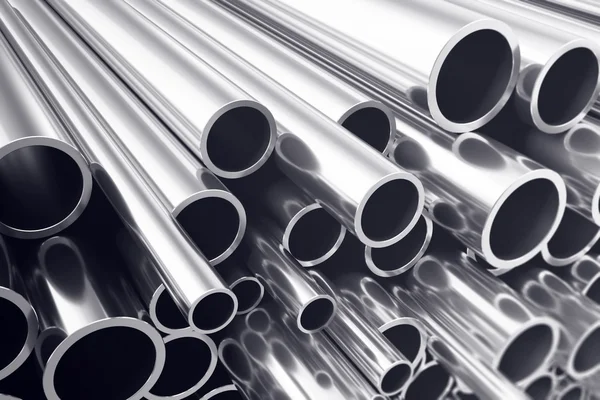 Industry business production and heavy metallurgical industrial products, many shiny steel pipes, industrial background, manufacturing business production concept with selective focus effect. 3D — Stock Photo, Image