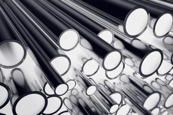Tas de tuyaux en acier métallique brillant avec effet de mise au point sélective. Illustration 3d — Photo