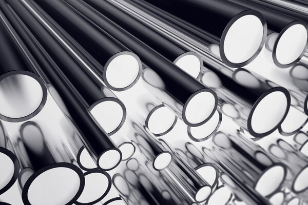Heap of shiny metal steel pipes with selective focus effect. 3d illustration