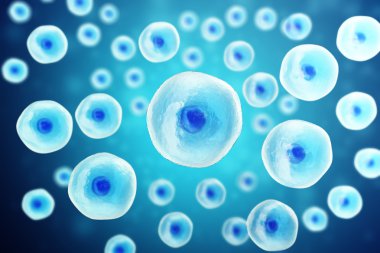 Mikroskop altında mavi hücre. Hayat ve Biyoloji, tıp bilimsel, moleküler araştırma dna. 3D çizim