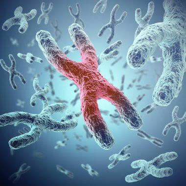 X kromozomu, Merkezi, enfeksiyon, mutasyon, hastalık, odak efektli kavramı kırmızı. 3D çizim