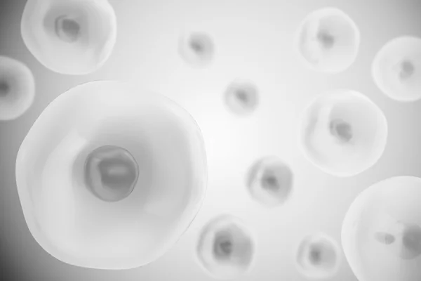 ひと細胞または灰色の背景に動物の細胞。生物と生物学、科学、医学の分子研究 dna の概念。3 d イラストレーション — ストック写真
