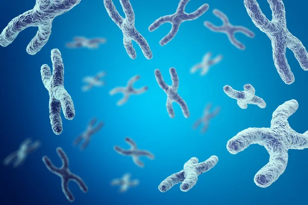 Cromosomas sobre fondo azul, concepto científico 3d ilustración — Foto de Stock
