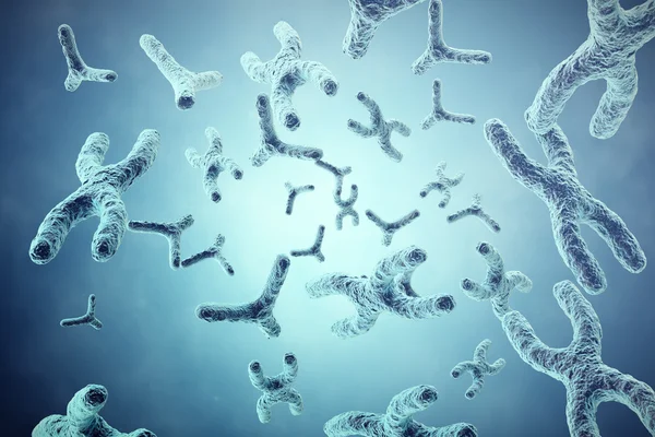Cromosomi XY su fondo grigio, concetto scientifico e di biologia con profondità di campo. Illustrazione 3d — Foto Stock