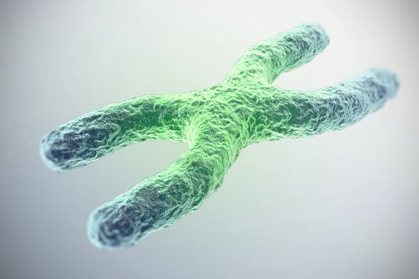 Chromosome X, vert au centre, le concept d'infection, mutation, maladie, avec effet de mise au point. Illustration 3d — Photo