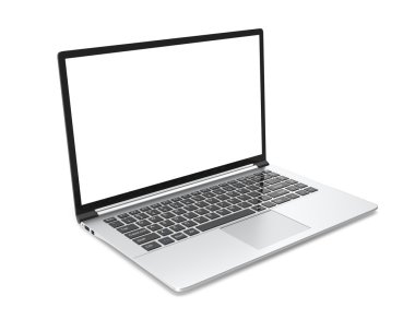 Beyaz arka plan üzerinde izole boş ekran ile Modern metal ofis dizüstü bilgisayar veya gümüş iş dizüstü bilgisayar. 3d illüstrasyon.