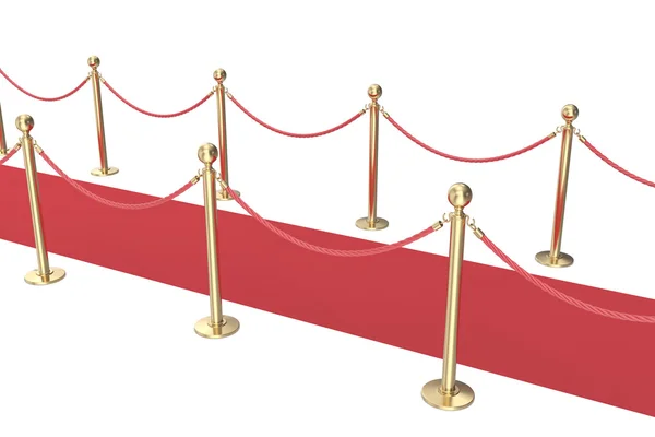 Stanchions oro e un tappeto di velluto rosso isolato su bianco. Illustrazione 3d — Foto Stock