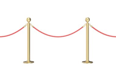 Kırmızı ipli altın bariyer. 3d illüstrasyon beyaz izole