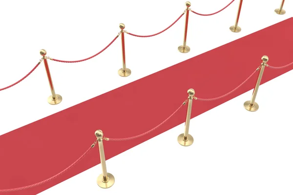 Alfombra de terciopelo rojo y barrera de cuerda. ilustración 3d — Foto de Stock