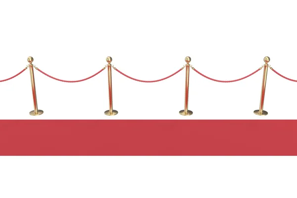 Czerwony dywan ze złotymi barierami na białym tle, widok z boku. ilustracja 3D — Zdjęcie stockowe