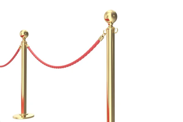 Goldbarriere mit rotem Seil. 3D-Abbildung isoliert auf weiß — Stockfoto