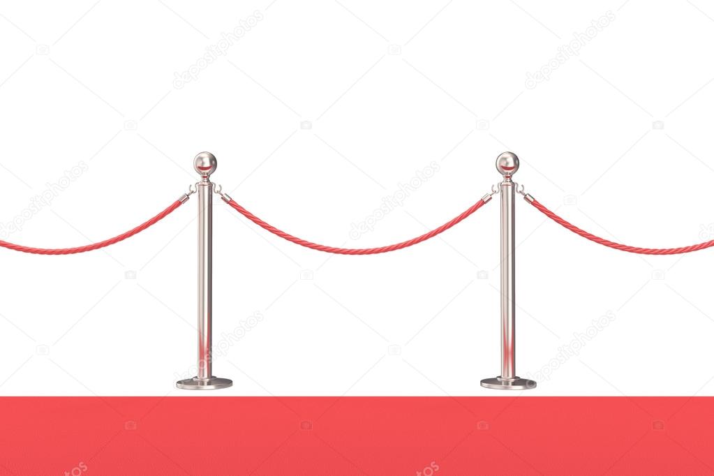 Silver barrier with red rope. 3d illustration isolated on white