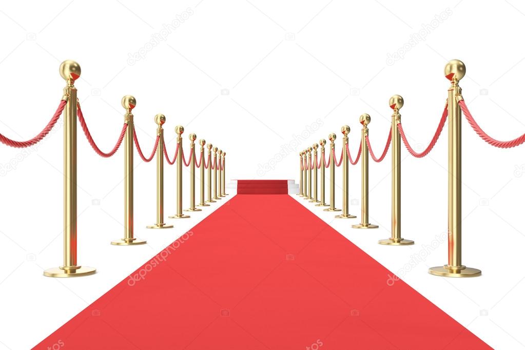 Red carpet with golden barrier and ropes. Stairs in the end. 3d illustration