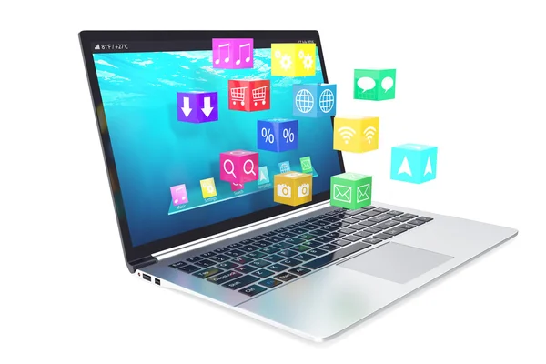 Concepto de computación en la nube: portátil blanco con iconos de aplicación de color aislados en el fondo. ilustración 3d — Foto de Stock