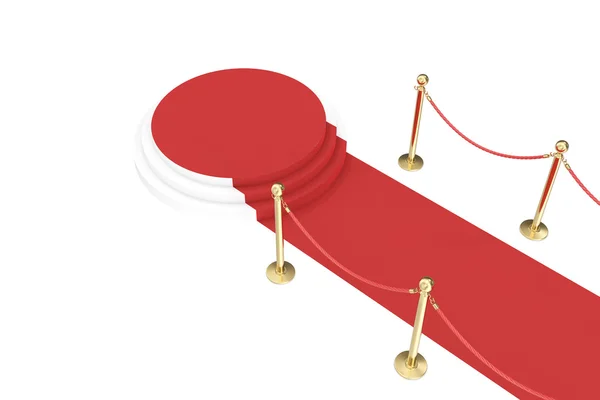 Tapete vermelho com barreira dourada e cordas. Escadaria para falar. ilustração 3d — Fotografia de Stock