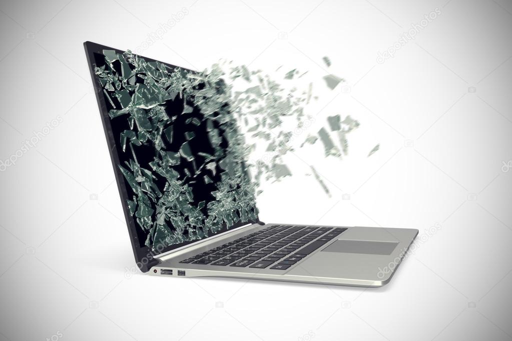 Modern metal laptop with broken screen isolated on white background. 3d illustration