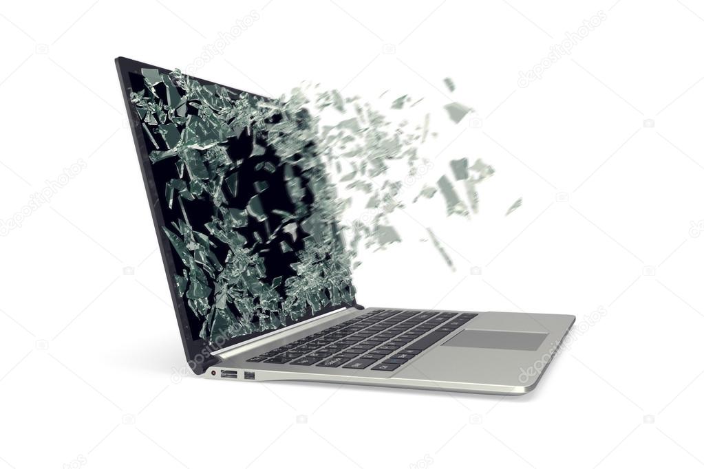 Modern metal laptop with broken screen isolated on white background. 3d illustration