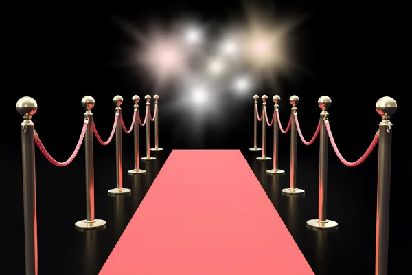 Red carpet between two rope barriers and flashlight on black background. 3d illustration — Stock Photo, Image