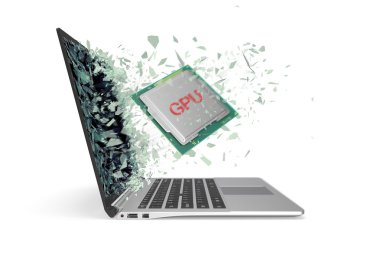 Gpu işlemci, beyaz arka planda yalıtılmış dizüstü bilgisayar ekranının bir monitörü ile çıkar. 3d illüstrasyon