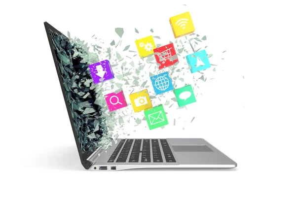 Laptop színes alkalmazási ikonokkal. 3d illusztráció — Stock Fotó