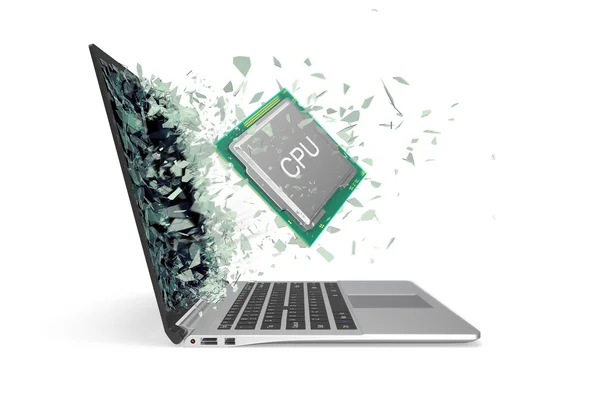 CPU flies out from the laptop smashing the glass into pieces. 3d illustration — Stock Photo, Image
