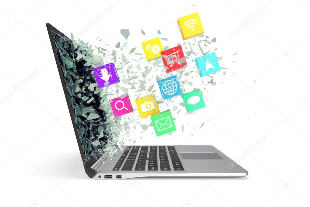 Laptop with color application icons. 3d illustration