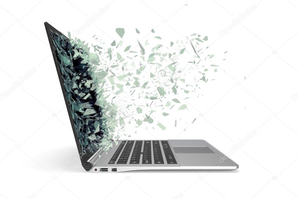 Modern metal laptop with broken screen isolated on white background. 3d illustration