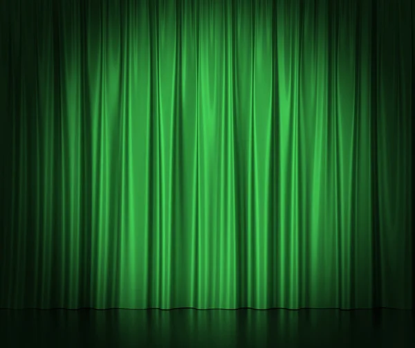 Groene zijden gordijnen voor theater en Cinema beschenen licht in het centrum. 3D-illustratie — Stockfoto