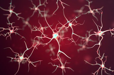 İnsan sinir sistemi derinliği alan etkisi ile kırmızı zemin üzerine nöronlarda. 3D render