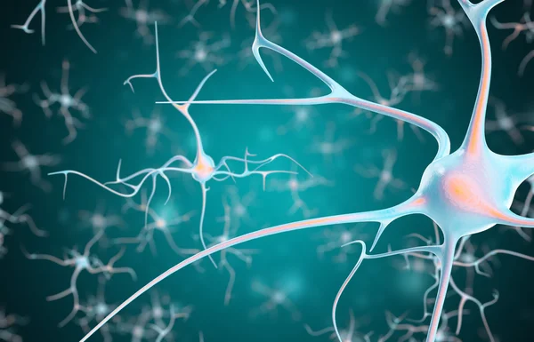 Neuronas en el cerebro con efecto de enfoque. renderizado 3d — Foto de Stock