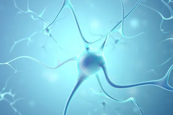 Neurons in the brain with focus effect. 3d rendering Stock Photo