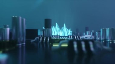 Basılı bir devre kartındaki yapay zeka. Teknoloji ve mühendislik konsepti. Yapay zekanın nöronları. Elektronik çip, baş işlemci, 4K UHD 3D animasyon