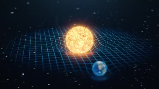 Gravidade Sol e Terra dobra o espaço em torno dele, espaço-tempo distorcido Conceito gravidade deforma a grade do tempo espacial em torno do universo. Curvatura do espaço-tempo. Animação 3D 4K — Vídeo de Stock