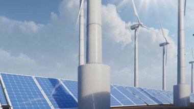 Çölün arka planında güneş panelleri ve rüzgar türbinleri, mavi gökyüzü. Temiz enerji kavramı, yeşil enerji, yenilenebilir enerji, alternatif enerji. Fotovoltaik panel. Döngüsüz 4K 3B canlandırma