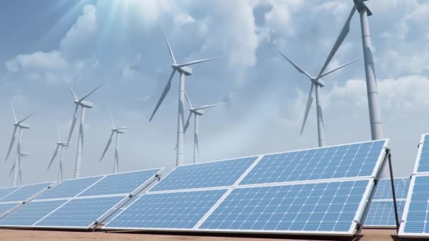 太阳能电池板和风力涡轮机在沙漠的背景上,蓝天.清洁能源、绿色能源、可再生能源、替代能源的概念。光伏面板。循环无缝4K 3D动画 — 图库视频影像