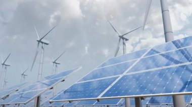Çölün arka planında güneş panelleri ve rüzgar türbinleri, mavi gökyüzü. Temiz enerji kavramı, yeşil enerji, yenilenebilir enerji, alternatif enerji. Fotovoltaik panel. Döngüsüz 4K 3B canlandırma