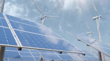 Çölün arka planında güneş panelleri ve rüzgar türbinleri, mavi gökyüzü. Temiz enerji kavramı, yeşil enerji, yenilenebilir enerji, alternatif enerji. Fotovoltaik panel. Döngüsüz 4K 3B canlandırma