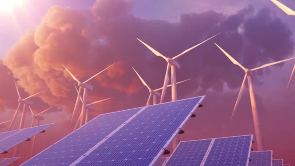 太阳能电池板和风力涡轮机背景的日落,阳光.清洁能源、绿色能源、可再生能源、替代能源的概念。光伏面板。循环无缝4K 3D动画 — 图库视频影像