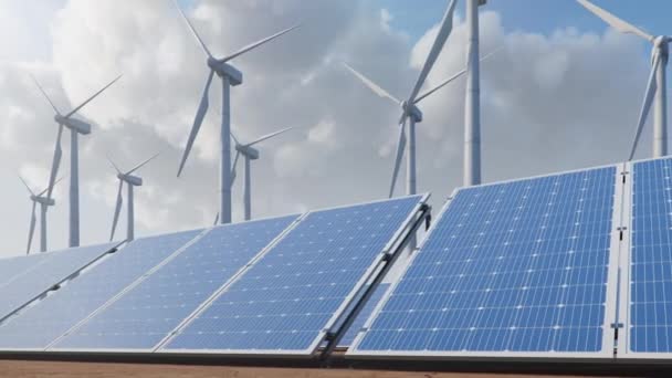 太阳能电池板和风力涡轮机在沙漠的背景上,蓝天.清洁能源、绿色能源、可再生能源、替代能源的概念。光伏面板。循环无缝4K 3D动画 — 图库视频影像