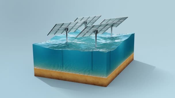 Painéis solares no mar de superfície, oceano. Pedaço de terra, mar em secção transversal com painéis. Conceito energia limpa, energia verde, energia renovável, energia alternativa. Painel fotovoltaico, animação 3D — Vídeo de Stock